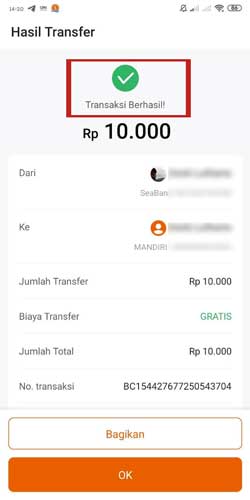 Transfer SeaBank ke Bank Lain Berhasil